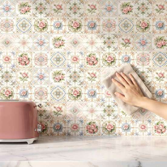 Kitchen Bathroom Wall Stickers 3Pcs 2D Retro Floral Tile Stickers, Self-Adhesive Waterproof Oil Proof Water Resistant Covers Decals, Peel &
