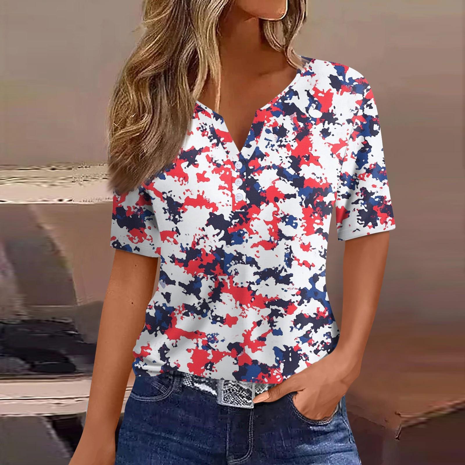 

Жен. Футболка С принтом Пуговицы С короткими рукавами Повседневные Выходные Мода Классический V-образный вырез Обычный Верх XXL