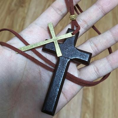 Mode Houten Kruis Hanger Ketting Vintage Donkere Stijl Mannen Vrouwen Zwart Bruin Trui Ketting Neutraal Religieus Sieraden Accessoire