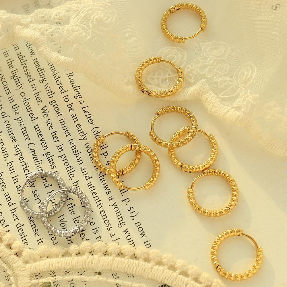 18K Gold Plated Geometric Circle Embossed Niche Titanium Steel Earrings for Women