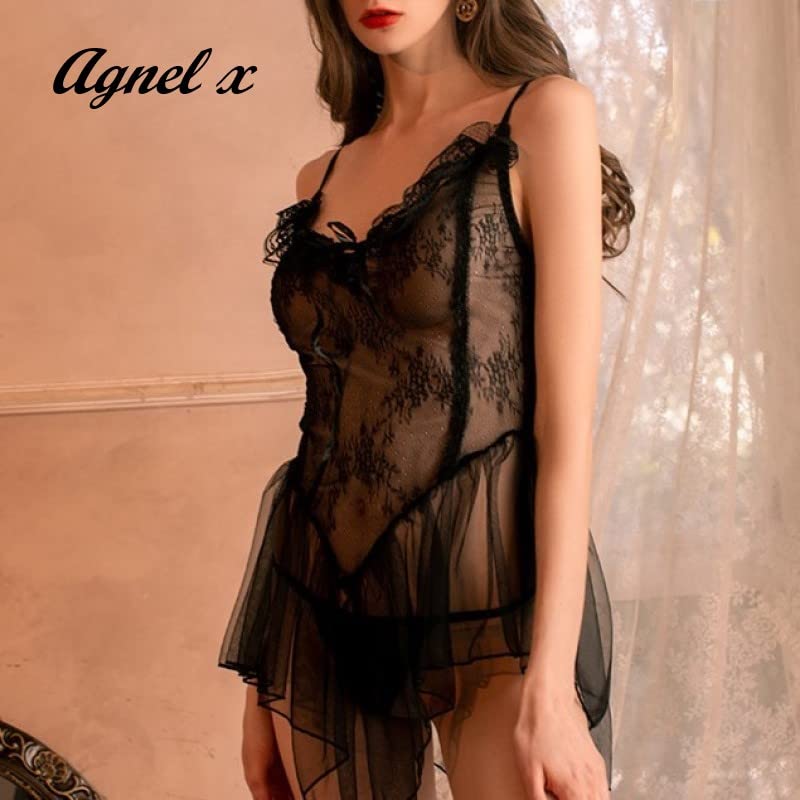 Sexy Lingerie Inner Underwear Nightwear One Piece Setup X029 [Agnel x] See-Through Women's (Black, Free)