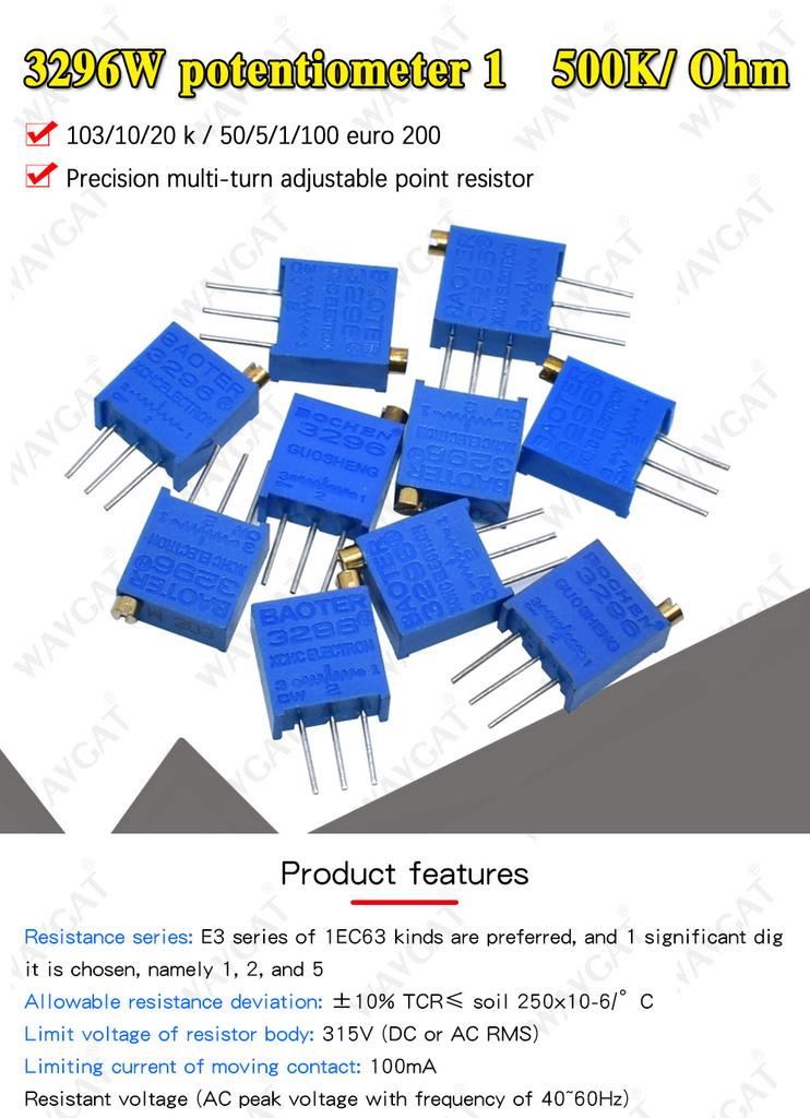 3296W 50 100 200 500 1K 2K 5K 10K 20K 50K 100K 200K 500K 1M ohm Multiturn Trimmer Potentiometer High Precision Variable Resistor