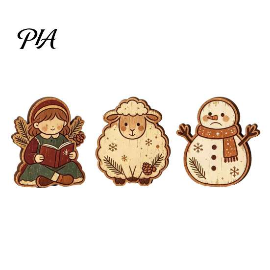 Farmhouse Style Christmas Decor Wooden Tree Ornaments, Vintage Colorful Desktop Decoration, Rustic Holiday Wood Figurines Small Decorations with Pine