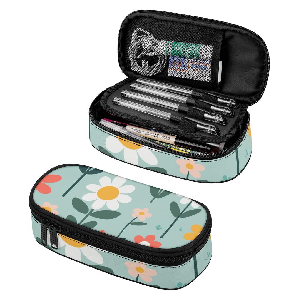 Pencil Case Printed Durable 300D Polyester Secure Zipper with Mesh Divider Pen Holders and Spacious Main Compartment for Students