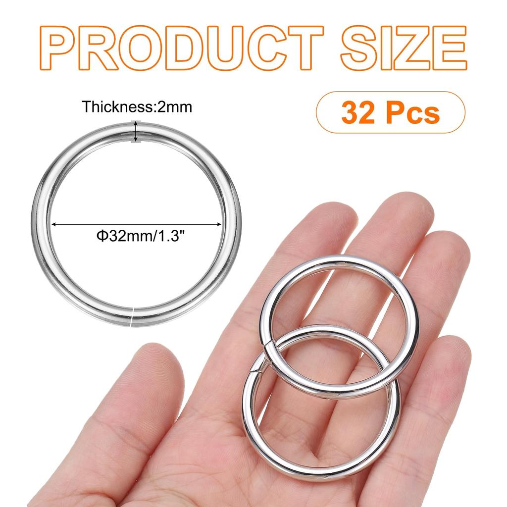 32pcs O Ring Buckles ID Thick Zinc Alloy Opening O Ring Clasp Clips for Craft Key Ring Bag Strap Belt DIY Accessories Bright Silver [uxcell] 32mm/1.3"