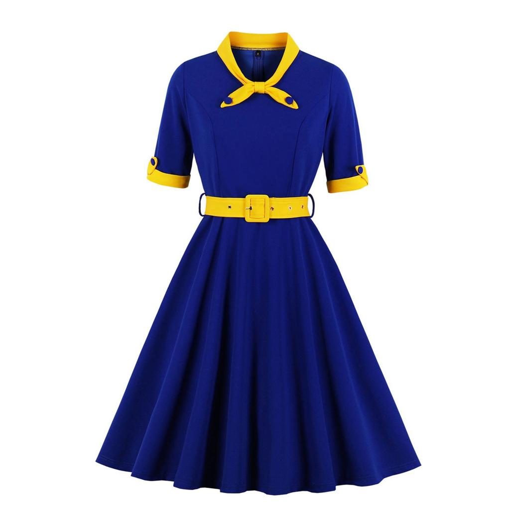 Women's V-neck Slim-fitting Short-sleeved Retro Dress With Big Swing Skirt