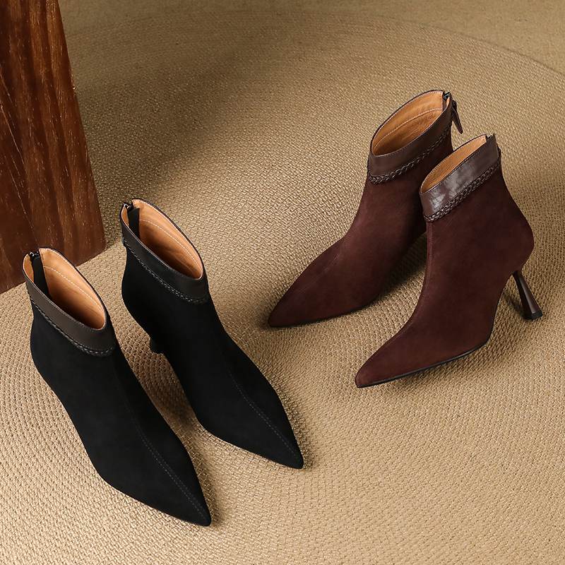 Krazing Pot Sheep Suede Autumn Winter Shoes Stiletto Thin High Heels Big Size 40 Modern Boots Pointed Toe Keep Warm Zip Ankle Boots