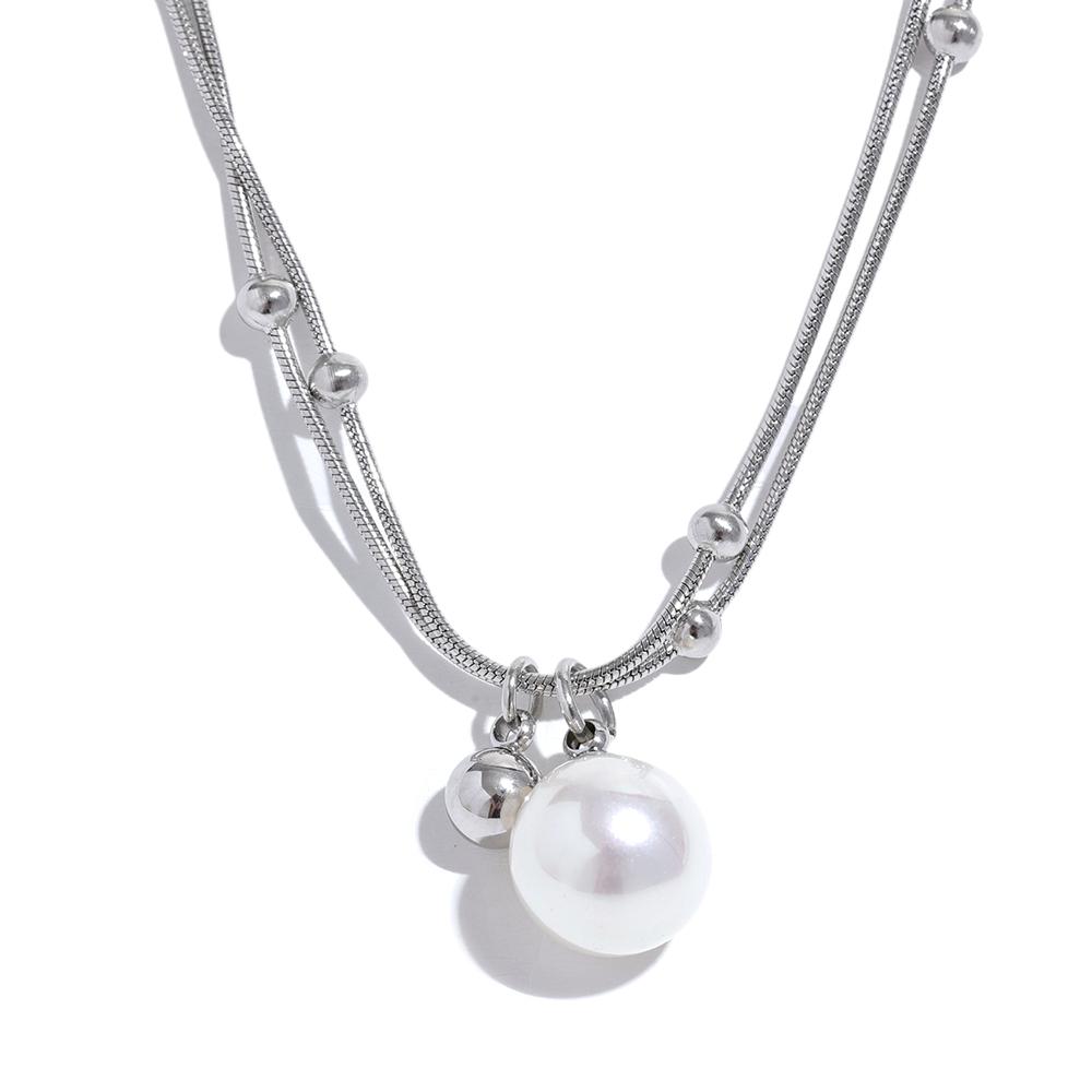 

Yhpup Elegant Imitation Pearls Stainless Steel Round Beads Chain Pendant Necklace for Women Gold Silver Color Korean Jewelry