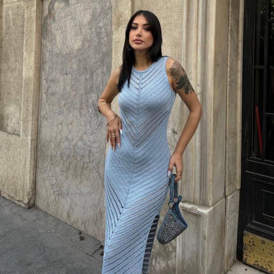 

Осень 2024 Женское однотонное полупрозрачное платье-бодикон с круглым вырезом XS