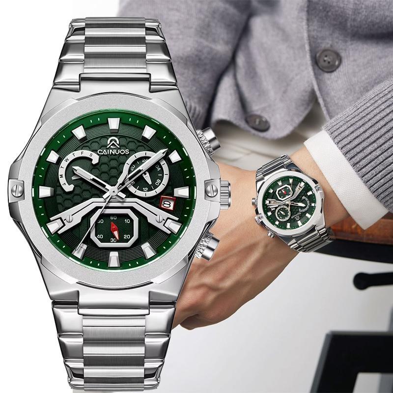 Mens Quartz Watch Waterproof Luminous Display Week/Date Stainless Steel Strap Casual Wristwatches