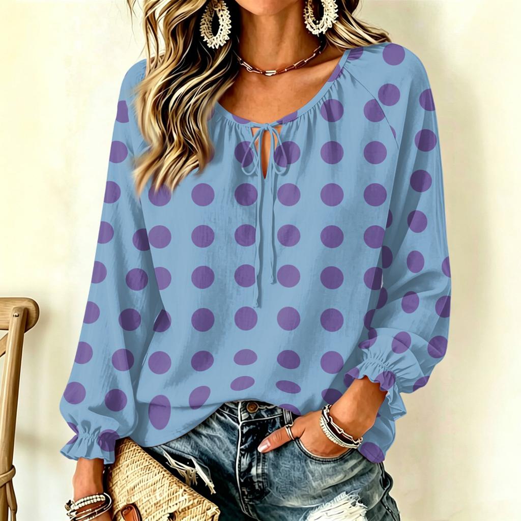 Women's Vintage Polka Dot Long Sleeve Pullover Top with Ruffle Trim and Tie Neck
