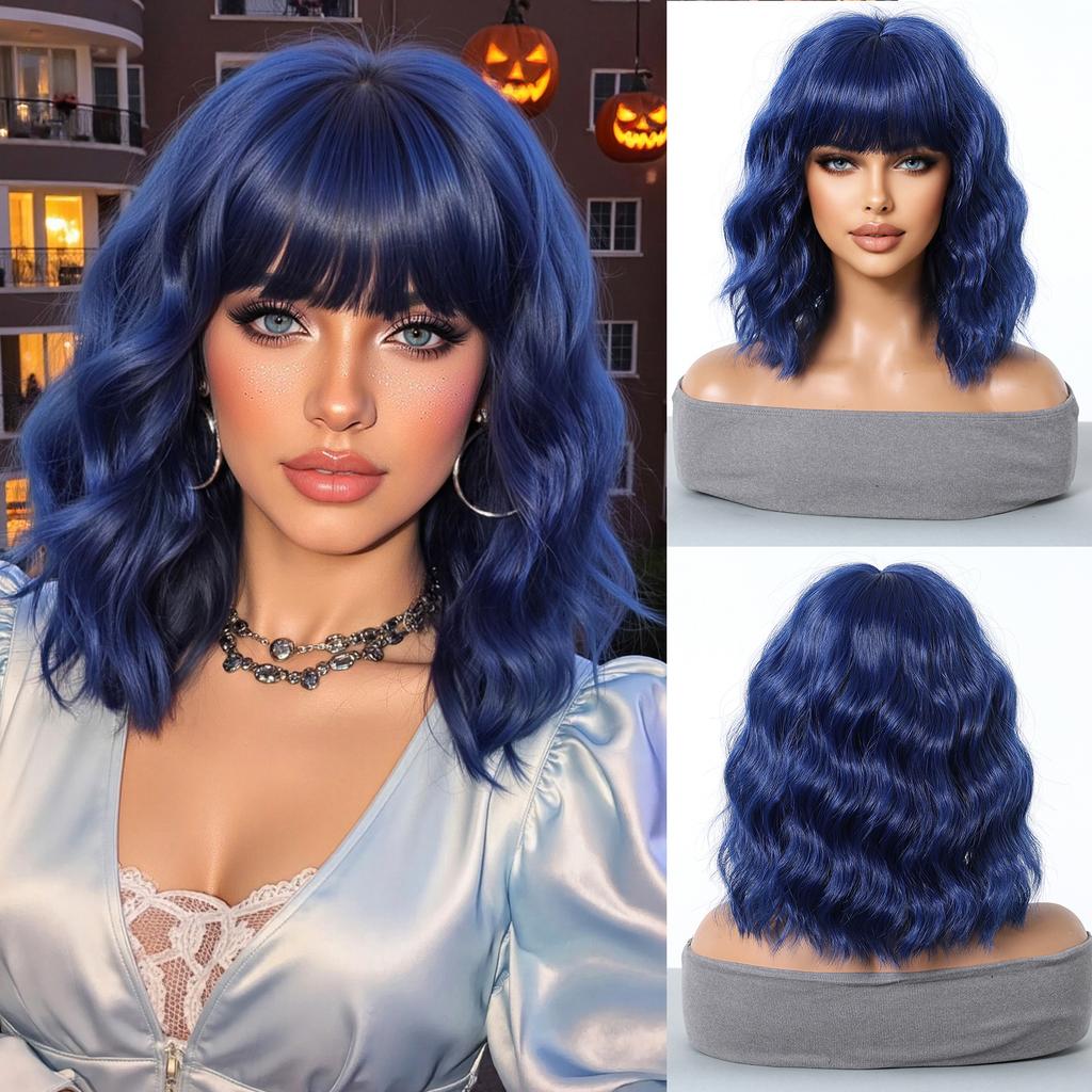 Pink Purple Mixed Blue Curly Wavy Synthetic Wigs with Bangs for Women Colorful Party Cosplay Natural Hair Wig Heat Resistant Use
