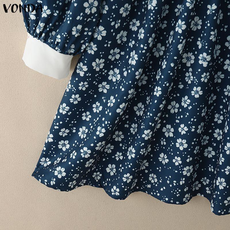 VONDA Rochie Elegantă Casual pentru Femei cu Guler Păpușă, Imprimeu Floral Patchwork, Mânecă Lungă