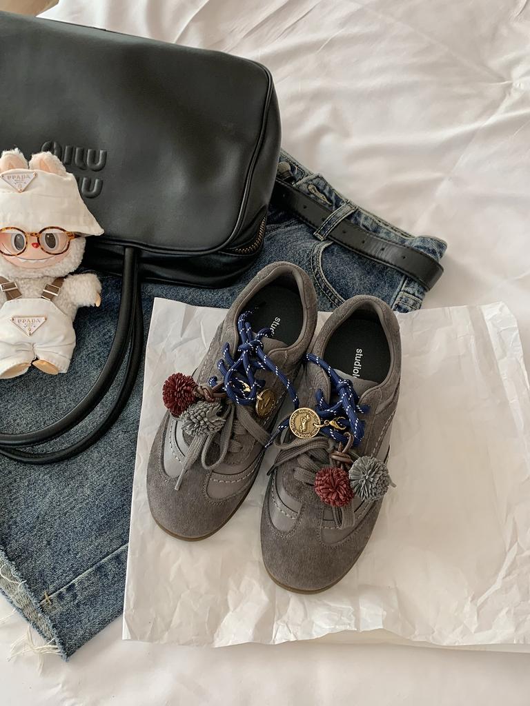 Cowhide~ Grape Mom, the same style has an inner height increase of 4.5cm, contrasting color shoelaces, round head pine cone casual sports shoes, wome