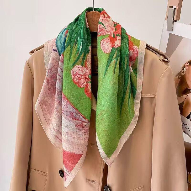 New oil painting literary and retro small square scarf fashion professional scarf decorative headband streamer multi-functional shawl silk scarf