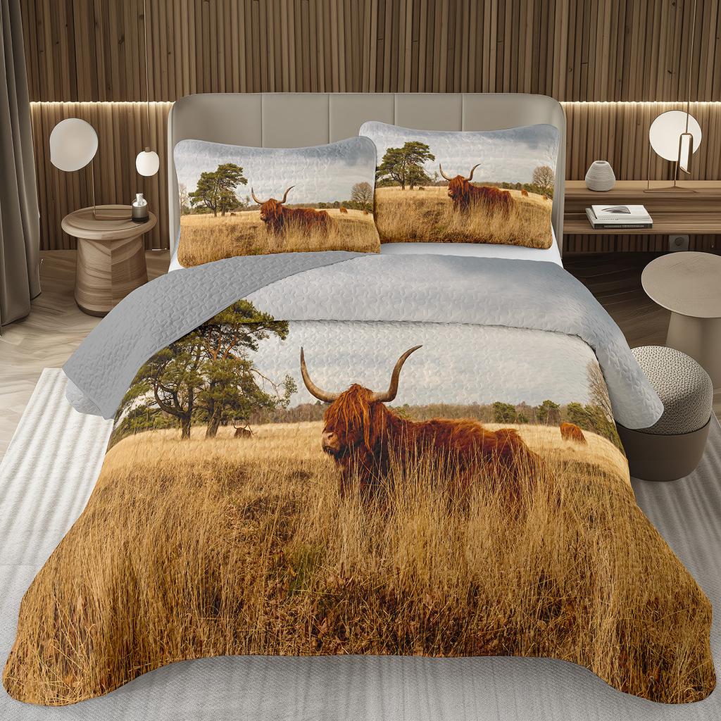 Hochlandkuh Tagesdecke Twin/King Bauernhoftier Stier Rind Überwurf Rustikaler Landhausstil Gestepptes Bettwäscheset Wendbare Tagesdecken