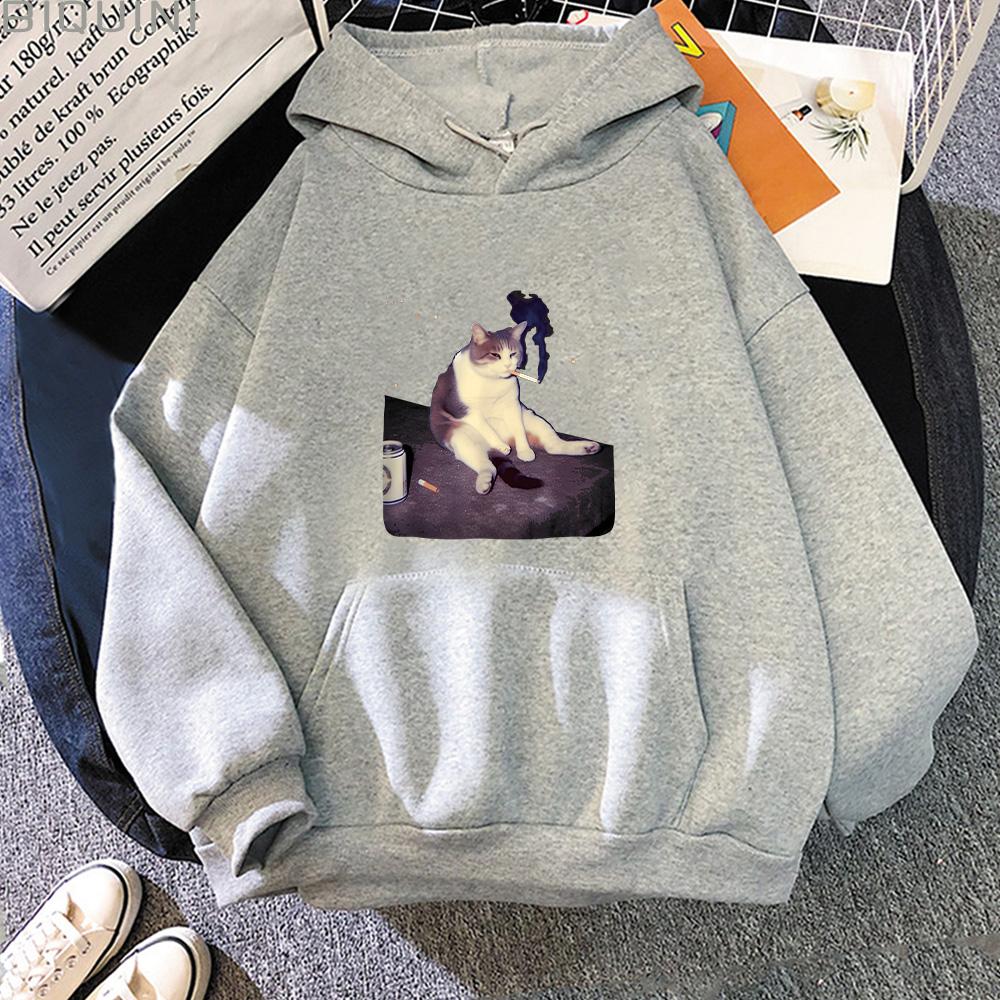 Funny Smoking Cat Meme Hoodies Cigarette Cat Cartoon Print Sweatshirt Cat Lover Unisex Pullover Stupid Brainrot Gift Streetwear Men women Anime jacket