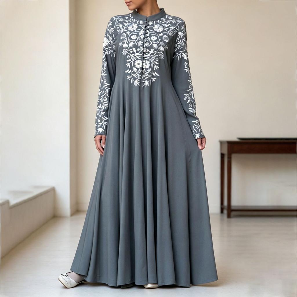 2026 New Cross-border European and American Amazon Dress Ethnic Style Women's Long-sleeved Printed Stand-up Collar Big Swing Dress