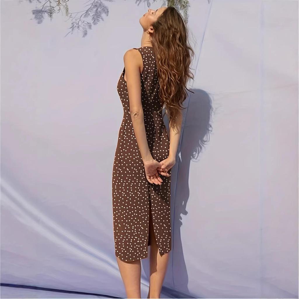Retro Polka Dot Deep V-Neck Cinched Waist Midi Dress - European and American Vacation Style