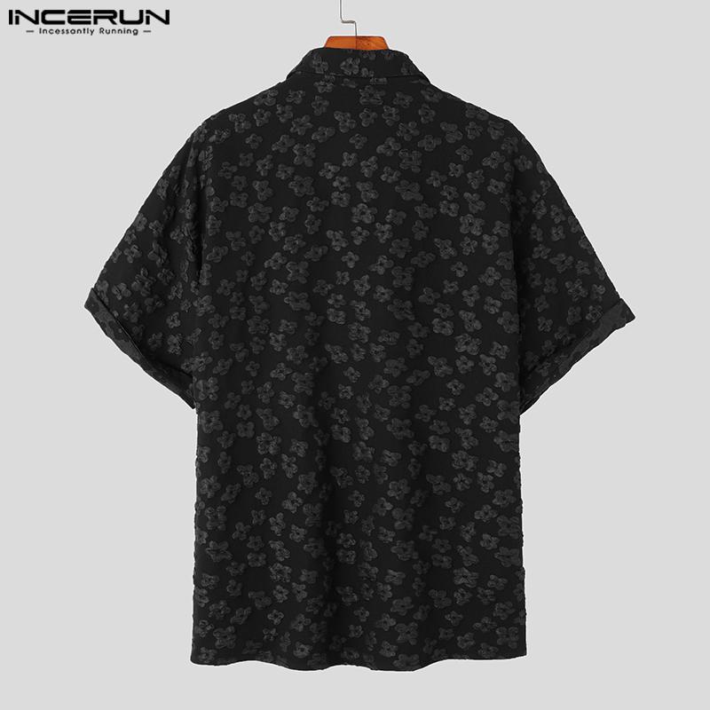 INCERUN Black Summer Men Short Sleeves Jacquard Casual Shirts