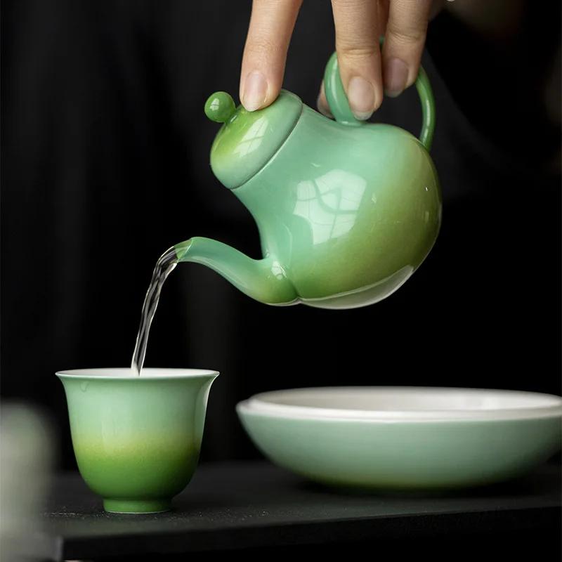 135ML Jadeite Green Gradual Change Color Ceramic Teapot KungFu TeaSet Household Small Pot Ball Hole Filter Brewing Teapot Gift