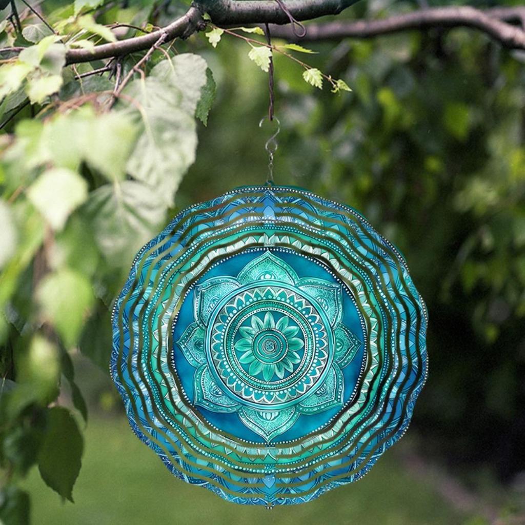 1pc 10-Inch Hanging Wind Chime with 360° Swivel Hook - Vibrant Blue & Green Mandala Design, Artistic Garden Decoration for Spring & Summer