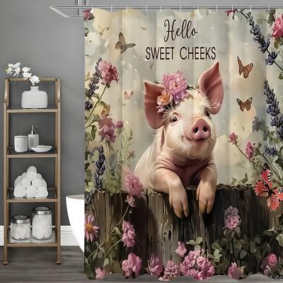 Pink Piggy Floral Shower Curtain, Bathroom Decorative Shower Curtain, Waterproof Shower Curtain with Hooks