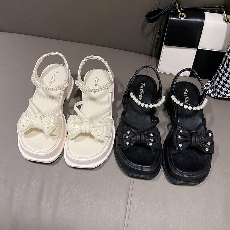High-heeled sandals women's 2025 new summer bow fairy wind platform pearl one-word belt fashion Roman women's shoes