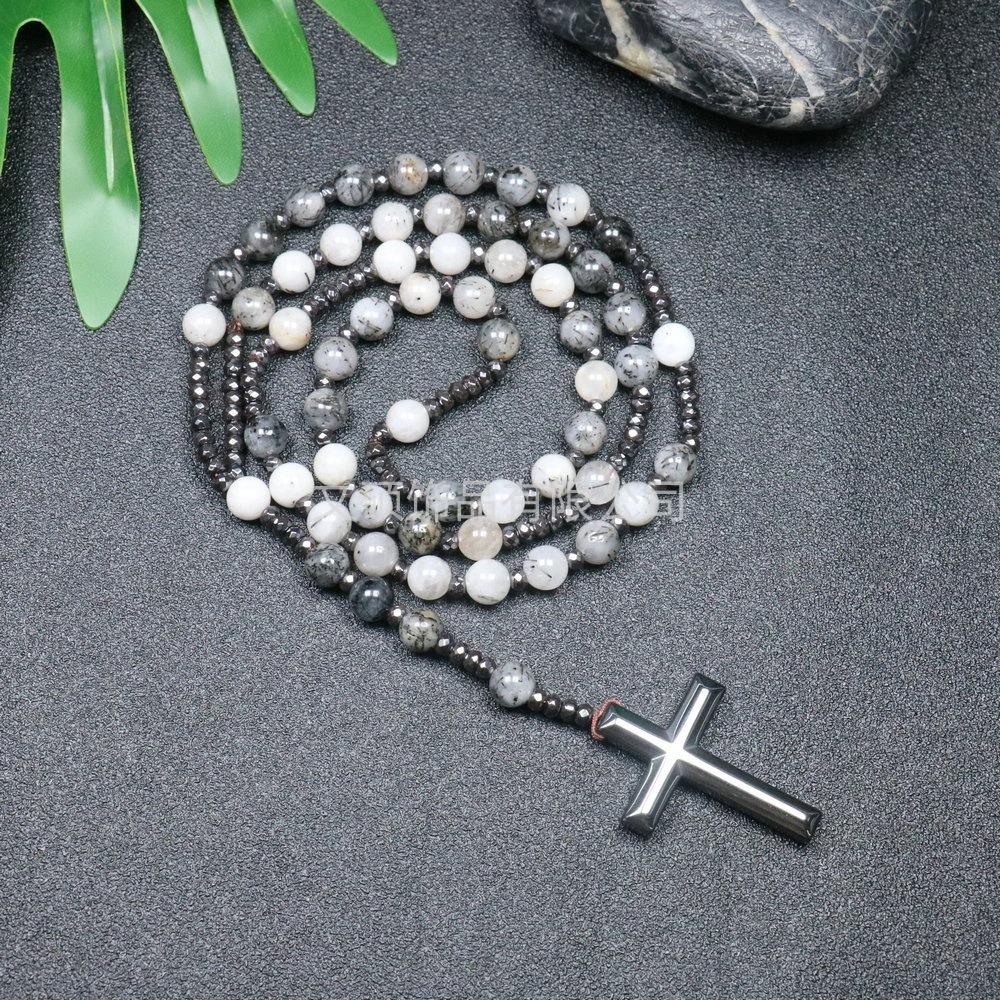 Collier pendentif croix en pierre naturelle, Croix en pierre d'œil de tigre et fer à bille chapelet collier pour homme