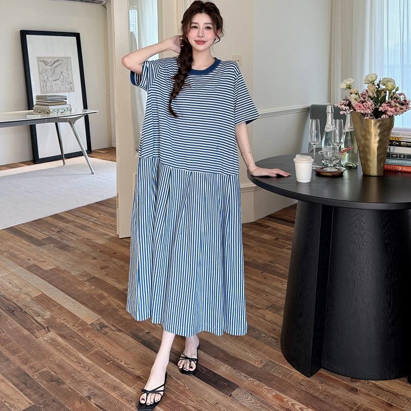 Short Sleeve Plus Size Cotton Vintage Stripe New In Dresses for Women Casual Loose Long Summer Dress