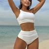 New Solid Color Pleated High Waist Shoulder Split Swimsuit Bikini