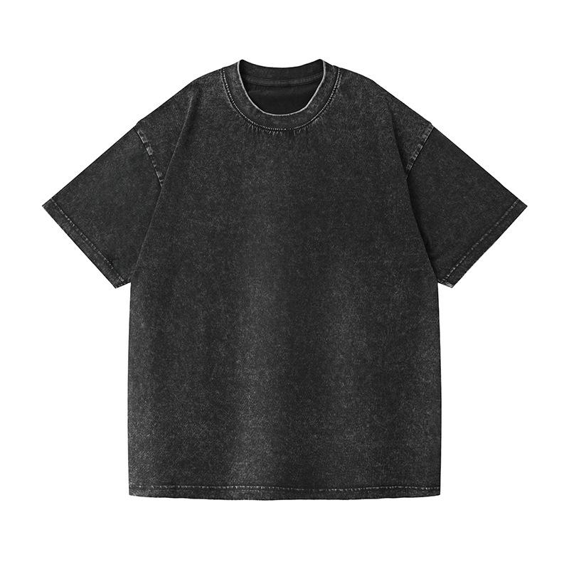 European Stone-Washed Tie-Dye Distressed Heavyweight Cotton Oversized Men’s T-Shirt, 230g, Snow Wash, Short Sleeve