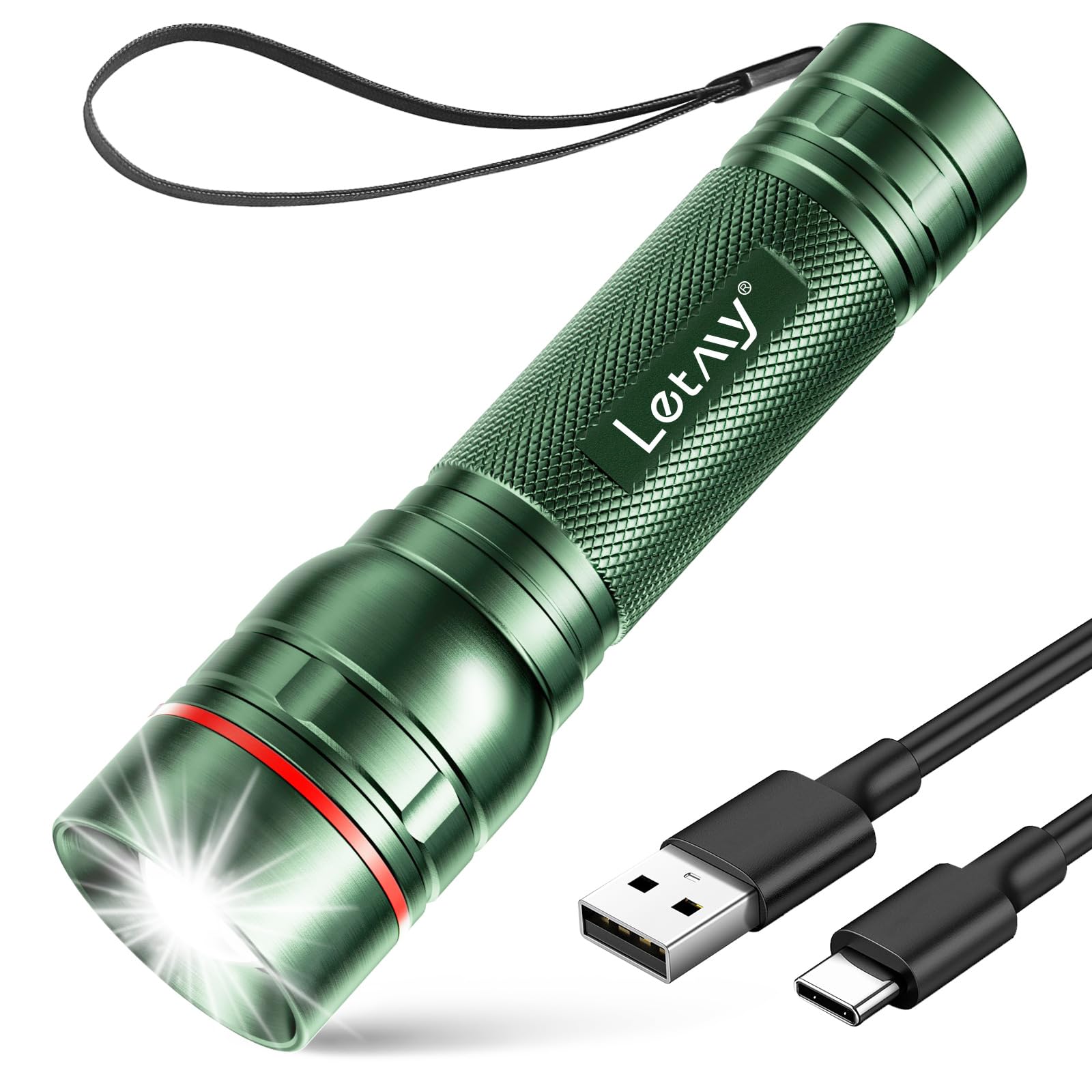 

Letmy Rechargeable LED IP65 Waterproof 3 Lighting Charging Cable Perfect for Power Night and Handheld Tactical 1 Green Flashlight, Powerful,