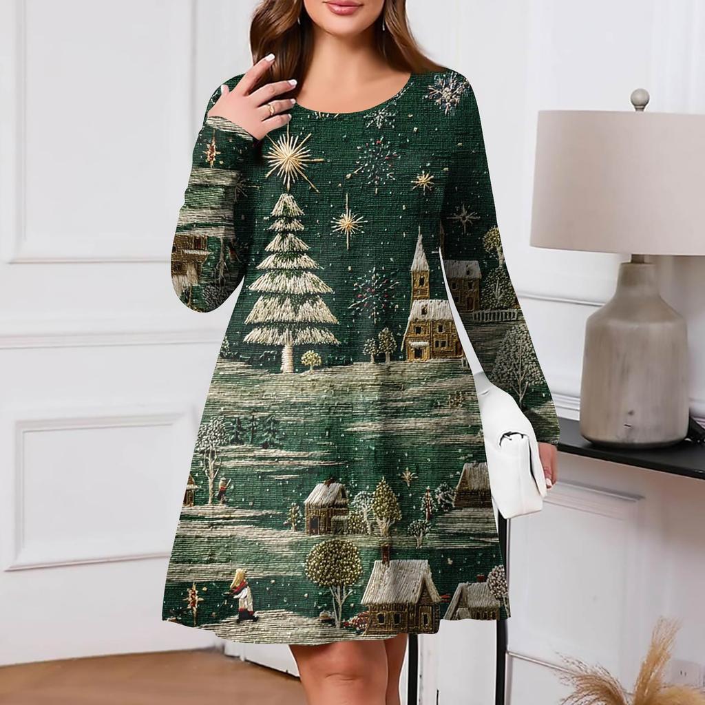 Dámské ležérní šaty s gradientním potiskem, kapsou, kulatým výstřihem a dlouhým rukávem ve větších velikostech na jaro/podzim