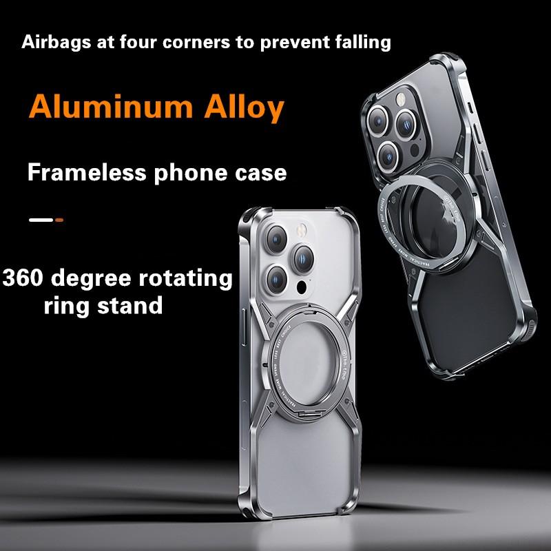 For iPhone 16 15 14 Pro Max Phone Case 360 Rotating Bracket Magnetic Rimless Metal Aluminum Alloy Shockproof Protection Cover