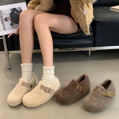 2025 nowe retro klamra do paska puszyste buty dla kobiet, pluszowe buty z bawełny termicznej, buty na platformie codzienne wełniane leniwe buty