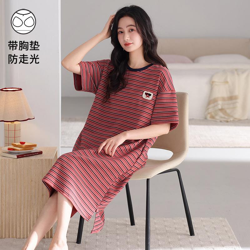 Pajama Women's 1011 New Integrated Summer Pure Cotton Thin with Chest Pad Can Be Worn Outside Loose Short-sleeved Pajama Skirt