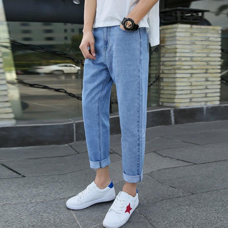 

Solid Color Men s Casual Jeans, Comfortable and Breathable for A Premium Look Loose-fitting Cropped Denim Pants XS синий