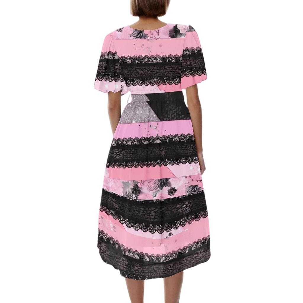 Women V Neck Short Sleeve Casual Dress Vintage Floral Print Midi Dress with Wrap Style and Flared Hem Suitable for Daily Wear