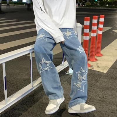 Men Denim Pants Five-pointed Star Pattern Embroidery Loose Wide Leg Streetwear Solid Color