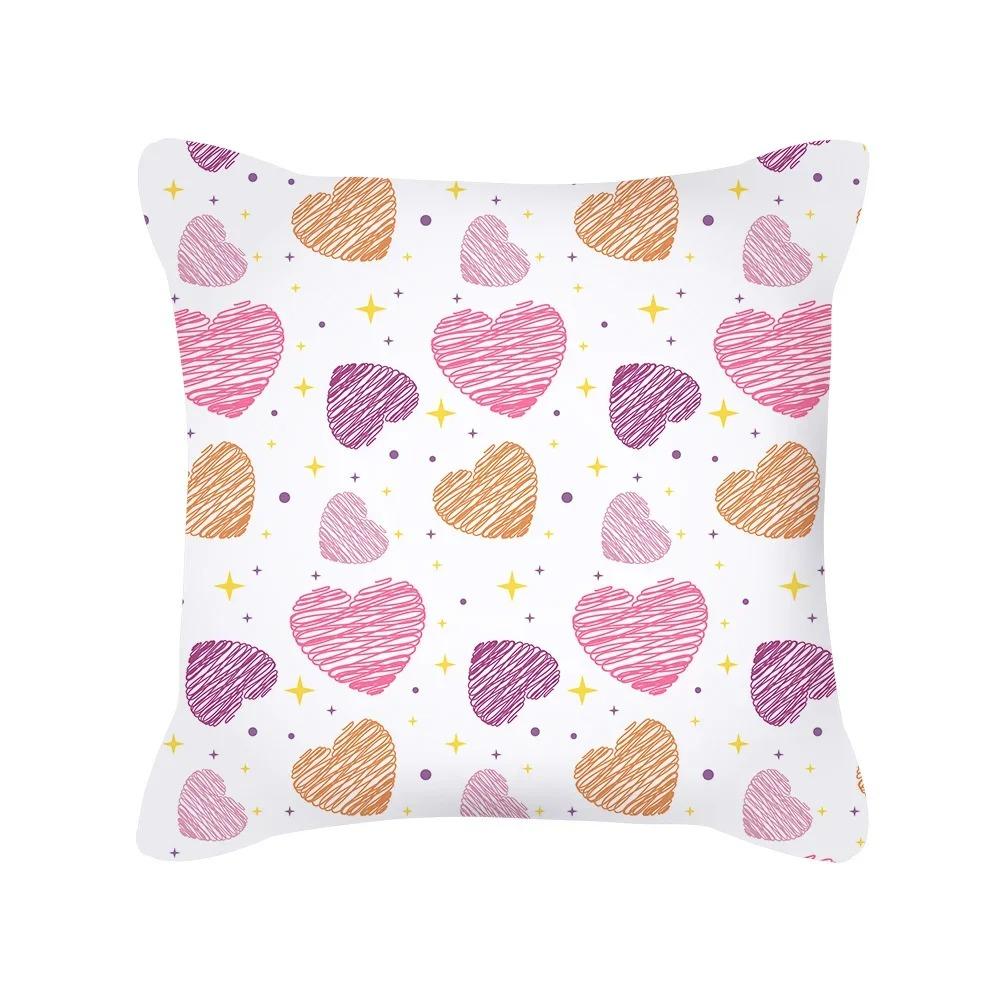Happy Valentines Day Peach Skin Pillow Case 2D Flat Printed Romantic Pink Heart Cushion Cover For Sofa Living Room Decor