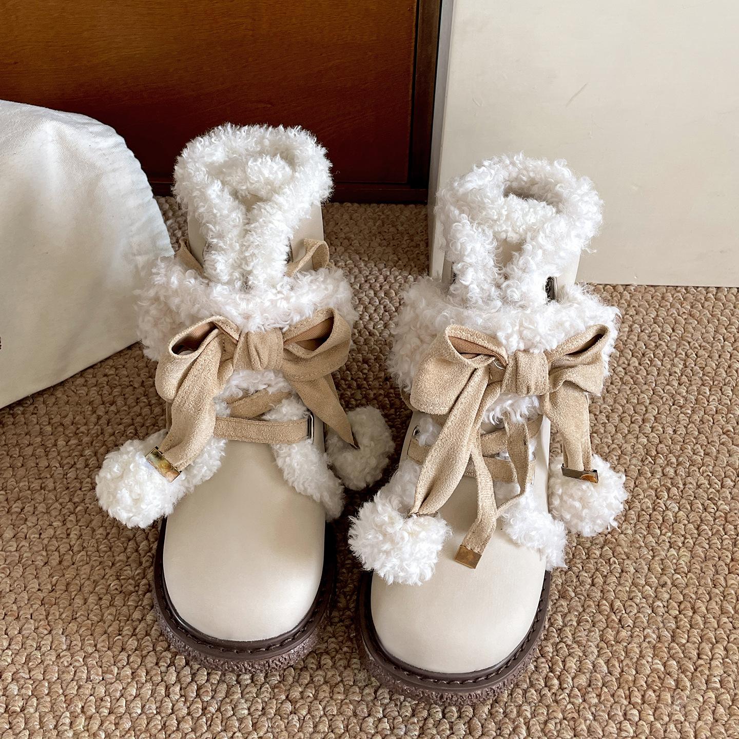 

Fashion Platform Snow Boots Women s Fur Lined Winter Warm Shoes Lace-up Pompom Casual Ankle Booties for Women Bottes Femmes 40 абрикосовий