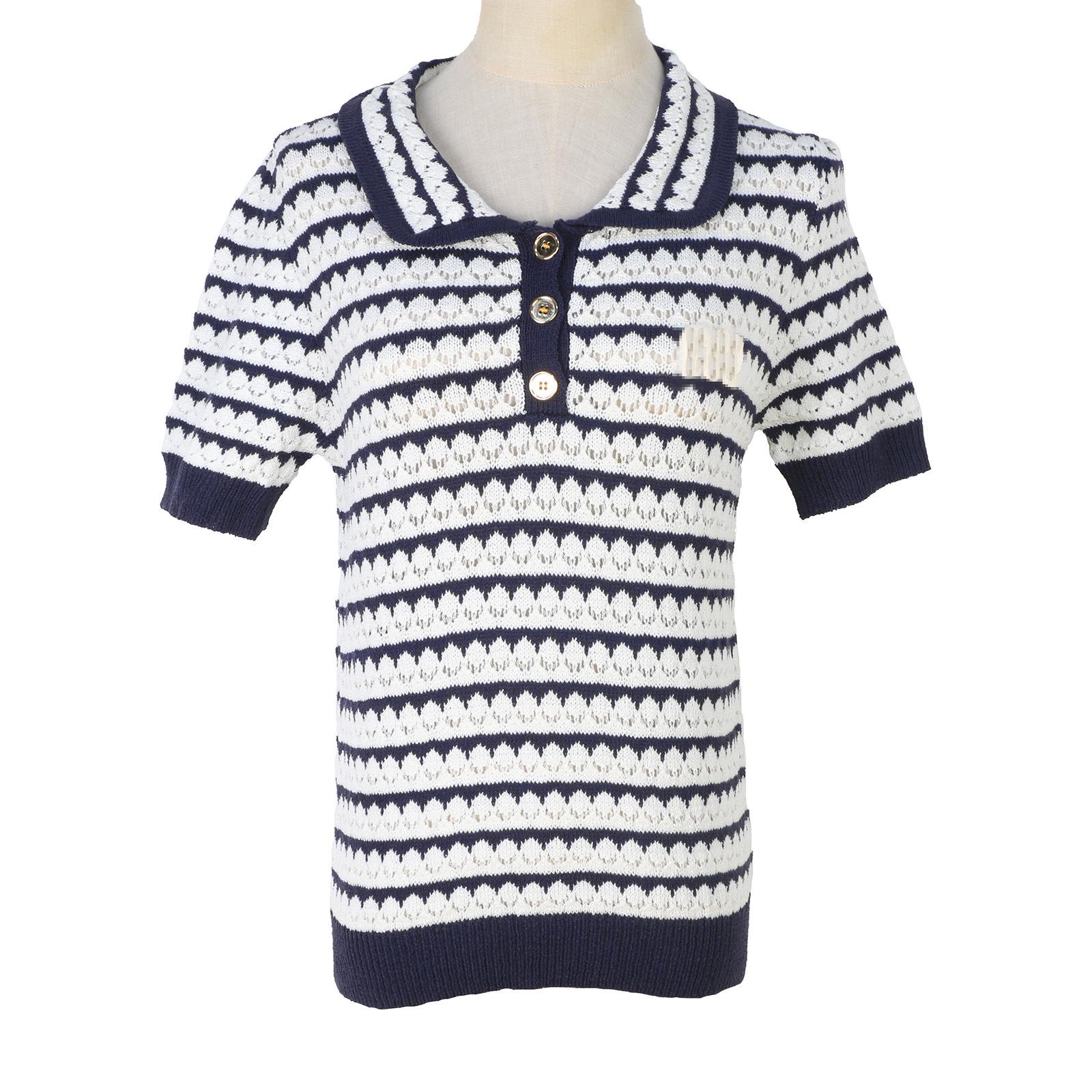 

Retro Striped Color Block Short-Sleeve Knit Top with Turn-Down Collar Small