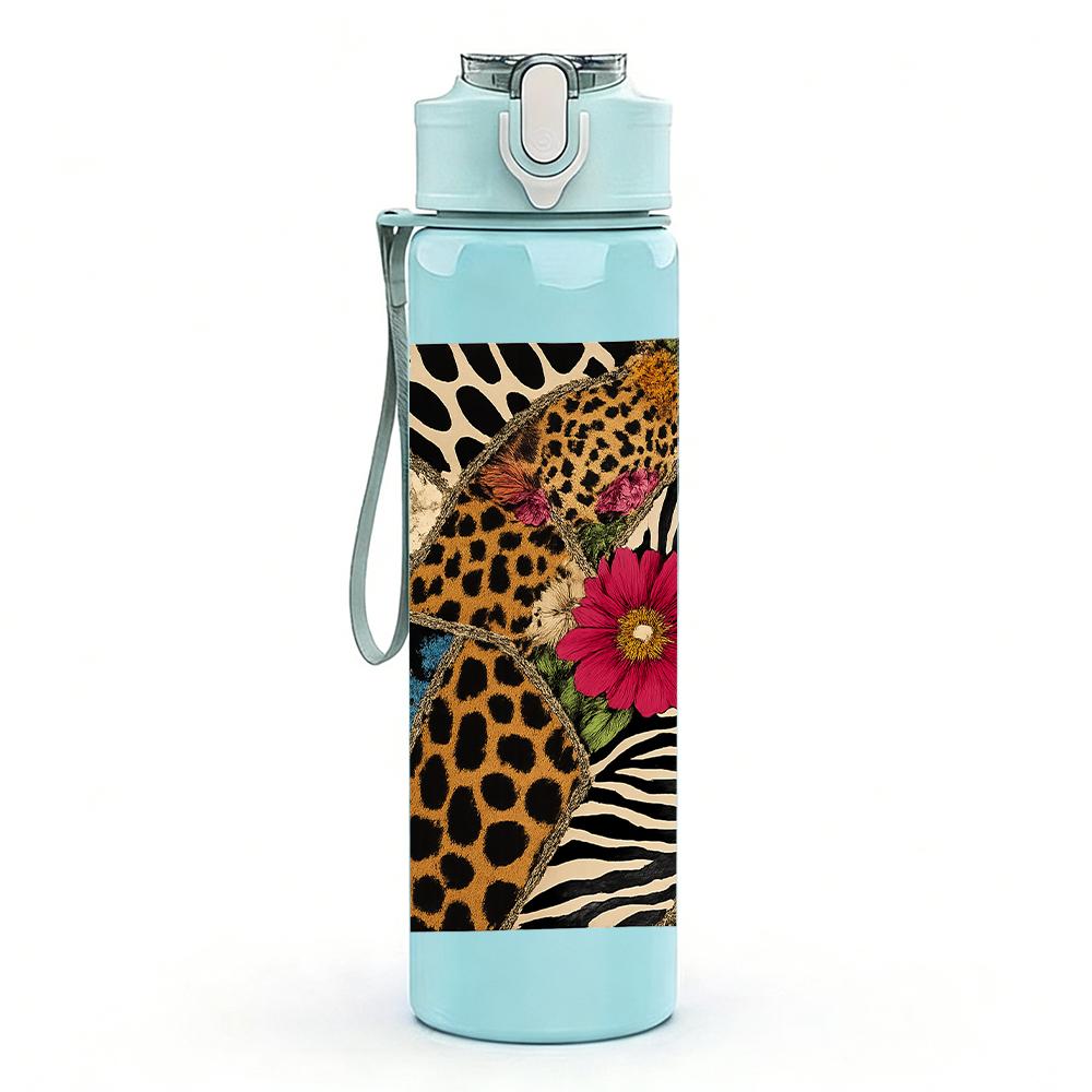 1 PZ Borraccia Sportiva in Plastica da 750 ml con Texture Animalier Floreale, Tappo Flip con Cannuccia Anti-Goccia per Sport, Ufficio, Uso Domestico