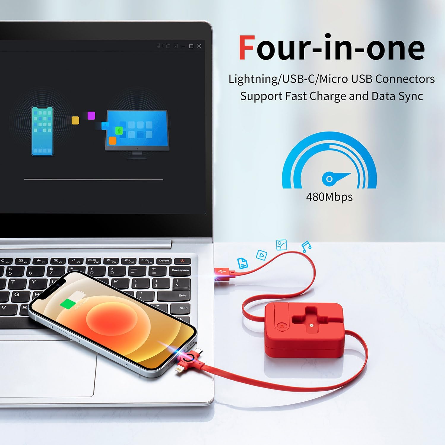 3 in 1 Multi Charger Cable 3A, 2Pack 3 in 1 Retractable Multi Charging Cable with IP/USB C/Micro Ports, Phone Holder, Multiple Fast Charging Cord for