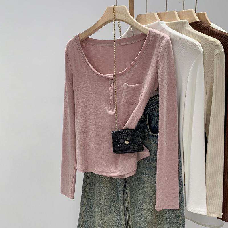 

Женская розовая базовая футболка в корейском стиле с воротником-henley на осень/зиму 2025 Small (S) серый/розовый