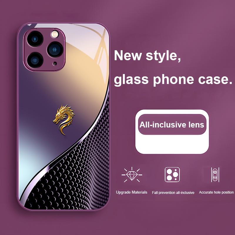 Grid Gradient Dragon Rose Purple For Iphone 15 14 13 12 11 Pro Max X XS XR 7 8 Plus 2020 2022 SE Tempered Glass Phone Case