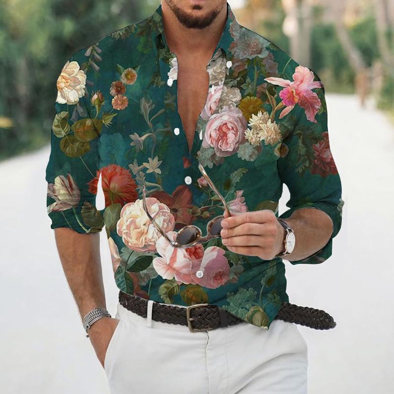 Men s Vintage Floral Print Long Sleeve Shirt Casual Button Down Green Top S