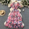 Retro V-Ausschnitt Schmetterlingsärmel Druck Chiffon Elegantes Sommerkleid A-Linie Schlagärmel Urlaubsdruck Damenkleider