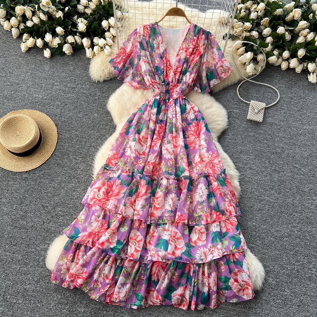 Retro V-Ausschnitt Schmetterlingsärmel Druck Chiffon Elegantes Sommerkleid A-Linie Schlagärmel Urlaubsdruck Damenkleider
